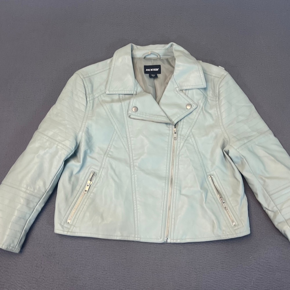 Joe Boxer Womens Mint Blue Green Faux Leather Moto Biker Jacket Quilted Large